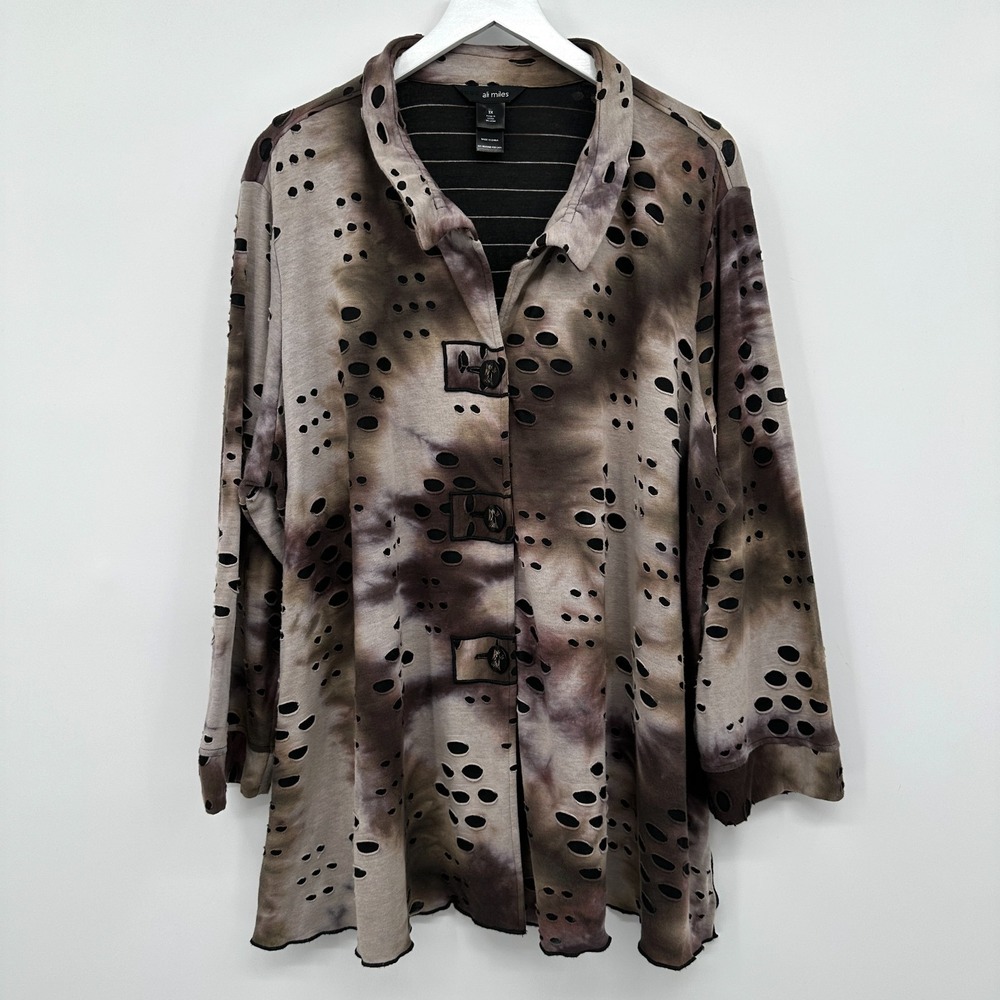 Ali Miles Jacket Tunic Top Size 3X‎ Brown Tie Dye Button Up Wired Collar Earthy